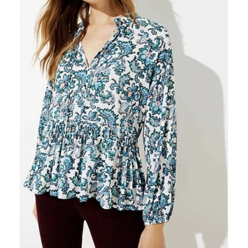 LOFT Womens Medium Top Floral Paisley Split Neck Peplum Blouse Long Sleeve Shirt